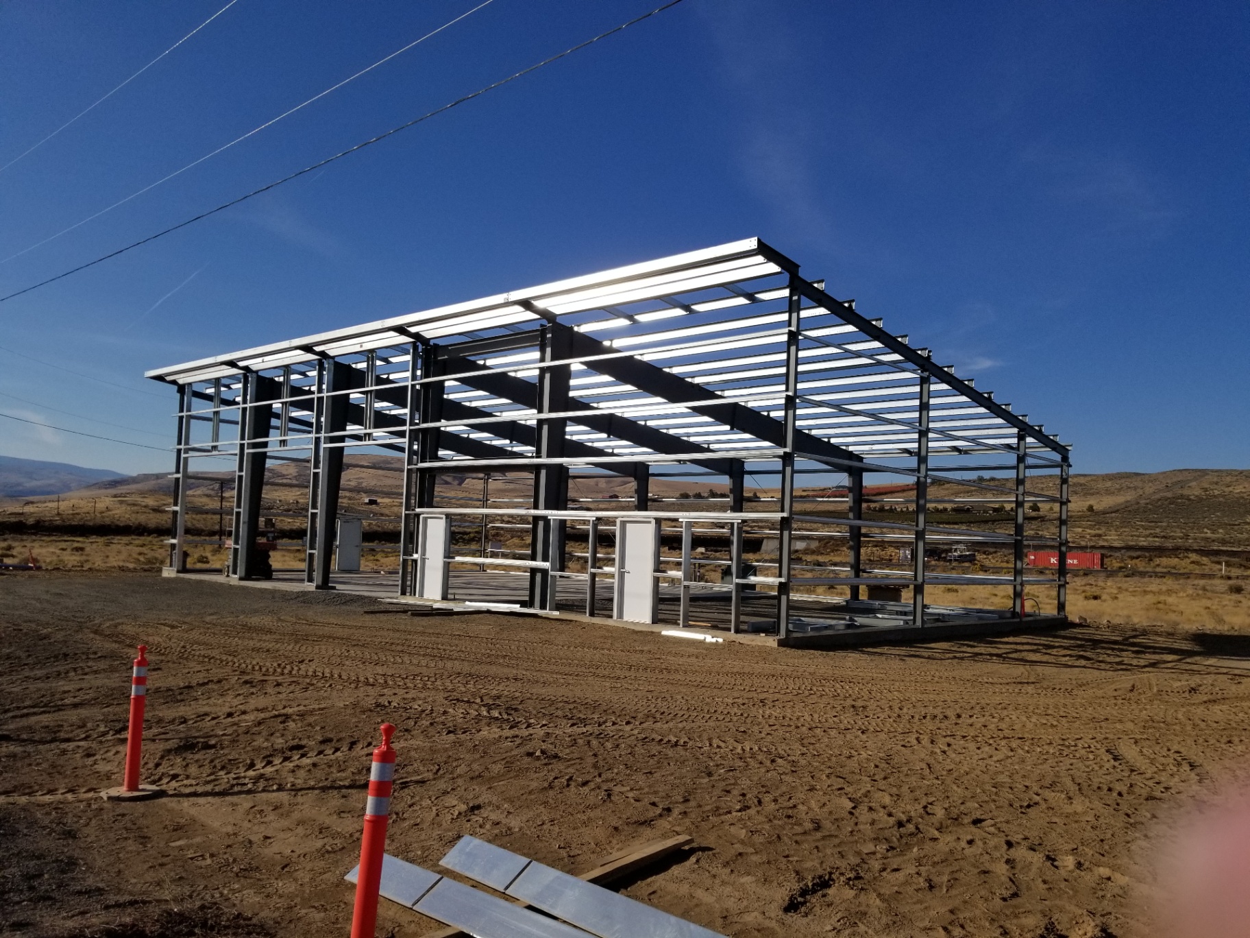 Pre-engineered steel frame erected on site